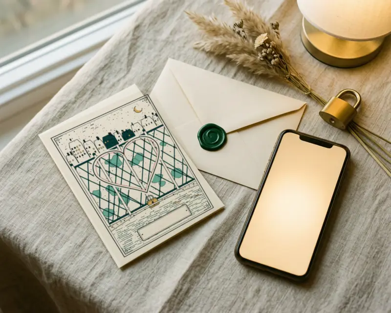 Kad Lockette klasik di atas linen, di sebelah sampul krim dengan meterai lilin hijau, telefon dan bunga kering.