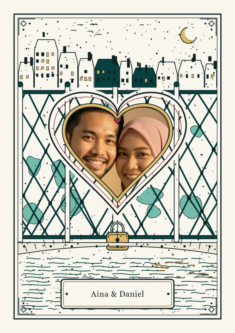 Kad mereka, dengan gambar mereka dalam tingkap berbentuk hati, seperti yang terbuka di telefon.